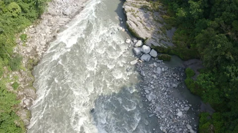 A mountain river with a granite rockbed seen from above Stock Footage 169928772