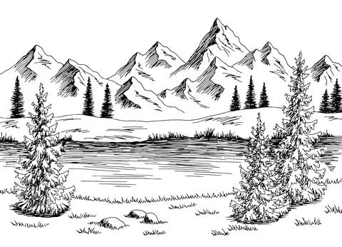 Mountain river graphic black white landscape sketch illustration vector Stock Illustration