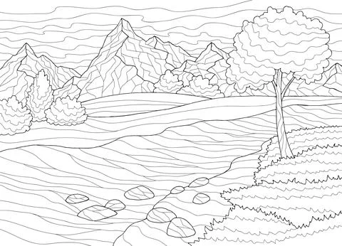 Mountain river graphic black white coloring landscape sketch illustration vector Stock Illustration