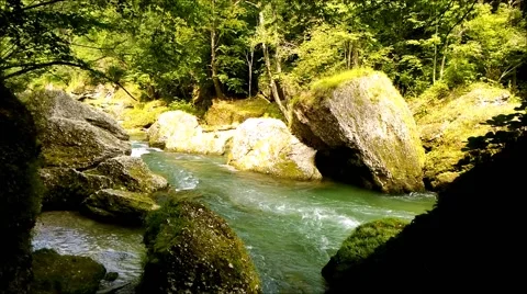 Mountain river inside the gorge and huge rocks. Stock Footage 65424364