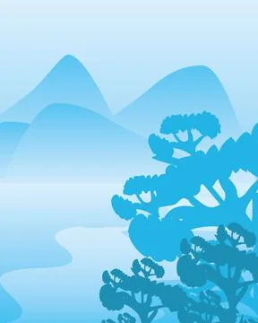 Mountain river landscape with cloudy sky and silhouette of trees Stock Illustration