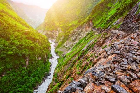 Mountain river landscape from footpath Fotos Stock