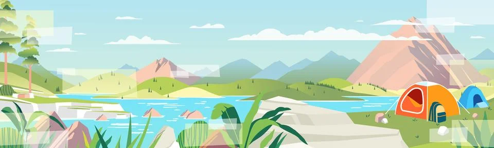 Mountain river landscape panoramic spring summer beautiful nature, meadow Stock Illustration