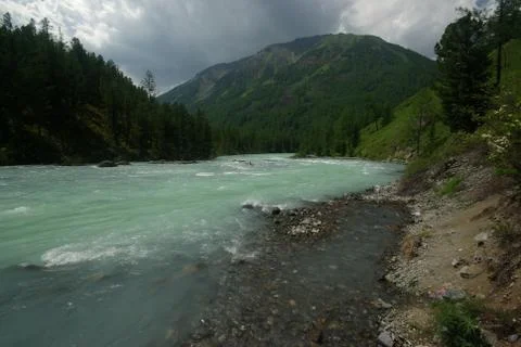 The mountain river in the mountains. Current through the gorge the river. S.. Stock Photos