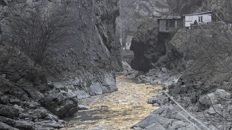 Mountain river in a narrow gorge Stock Footage 85631431