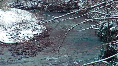 Mountain river passing trough snowy  landscape. Stock Footage 237773789