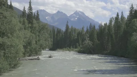 Mountain River with Peaks in Background, 4K, CLog Stock Footage 204108264