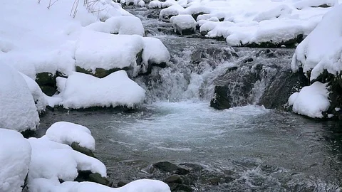 Mountain river rapids in winter slow motion Stock Footage 99797073