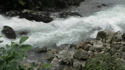 Mountain river running fast in green forest. Small waterfall with crystal clear Stock Footage 162622983