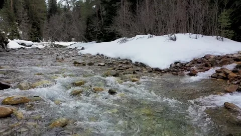 A mountain river runs through a snow-covered forest Stock Footage 186774457
