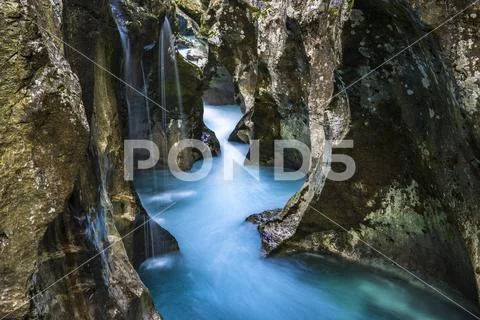 Mountain river Soca flows through narrow canyon Soca Valley Triglav ...