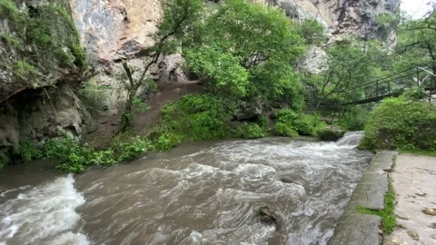 Mountain River, Some Huge Rocks, Rocky Wall, Green Trees, Mountain Gorge 02 Stock Footage 155620127