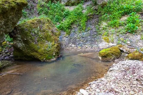 Mountain river, spring day walks along the riverbed of a water barrier overlo Stock Photos