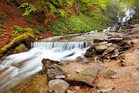 The mountain river in the springtime brings coolness and freshness among the  Stock Photos