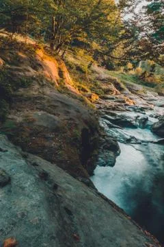 Mountain river stream closeup, large rocky rocks. Stock-Fotos