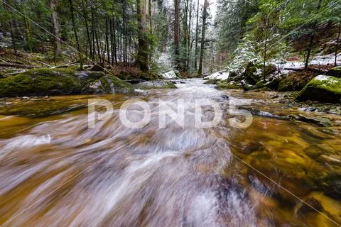 Mountain river, stream, creek with rapids in late autumn, early winter with snow Stock Photos