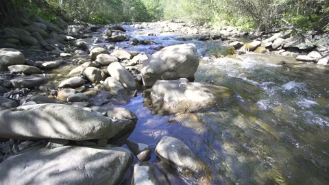 Mountain river, stream flow, water and stones. Beauty of nature,  Stockbeeldmateriaal 121601041