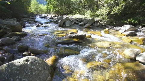 Mountain river, stream flow, water and stones, slow motion, landscape. Stockbeeldmateriaal 121702671