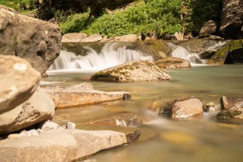 Mountain river stream in Ordesa National Park in the Spanish Pyrenees Stock Photos