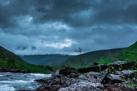 Mountain river stream valley landscape. River creek in mountains Stock Photos