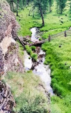 The mountain river is stream. Water runs on the rocks. Stock Photos