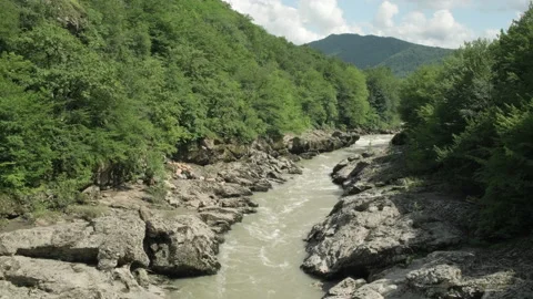 Mountain river in summer. View from the bridge on mountains and the river course Stock Footage 213202051
