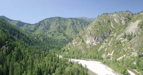 Mountain river in sunny weather, video from a drone. Stock Footage