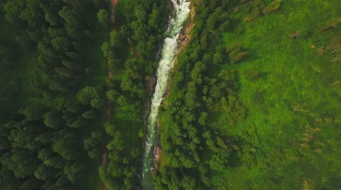 Mountain river surrounded by forest, aerial Vídeo Stock 66859914