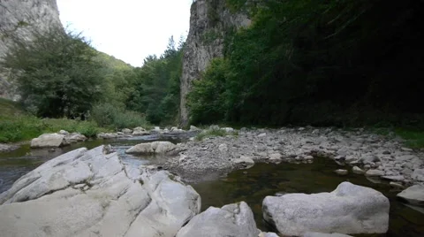 Mountain river through steep rock walls, covered with a dense forest Stock Footage 60396823