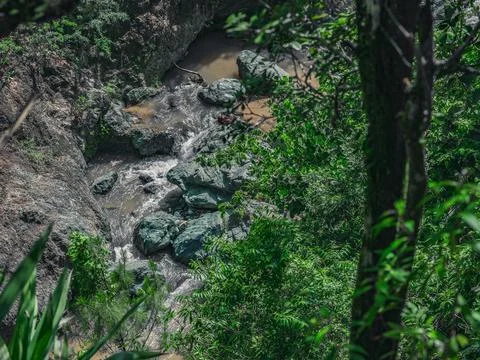 Mountain river top view between stone and rocks Stock Photos