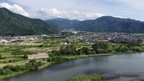 Mountain River Valley and Townscape in Nagano Japan Stock Footage 336625510