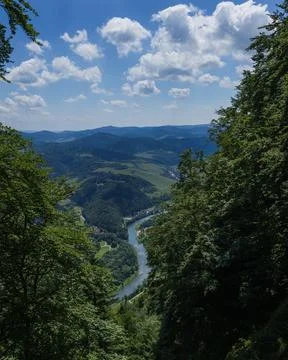 Mountain River Valley Framed by Forest Under Dramatic Summer Sky Stockfoto's
