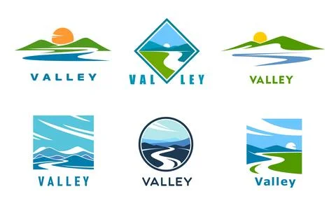 Mountain river valley with sun and sky icons set Stock Illustration