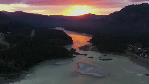 The mountain river view from high. Mountain landscapes. Pink sunset Stock Footage 141265254