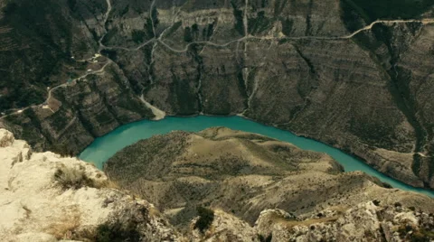 Mountain river view. Settlement on the hillside. Russia. Dagestan. Stock Footage 53071020