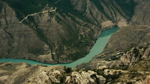 Mountain river view. Settlement on the hillside. Russia. Dagestan. Stock Footage 53071056