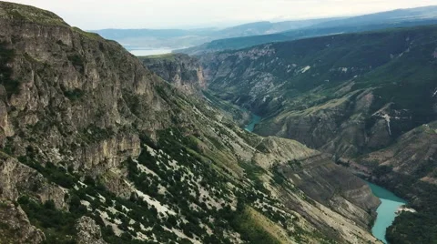 Mountain river view. Settlement on the hillside. Russia. Dagestan. Stock Footage 53110767