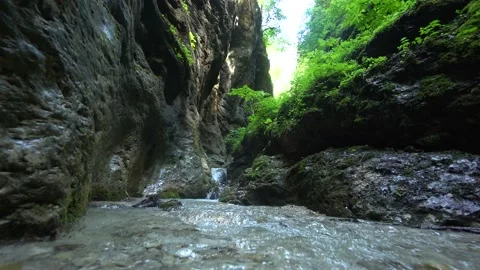 Mountain river water flowing in forest surounded by rocks. Closeup of abundant Stock Footage 185916612