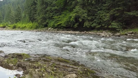Mountain river water surface in slow motion. Clear stream making waves in Stock Footage 249874131