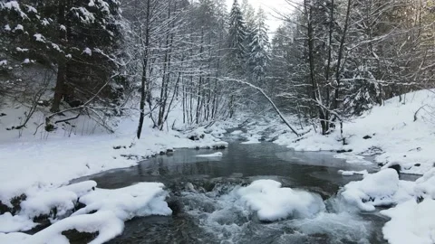 Mountain river with waterfalls flowing through the winter forest. Stock Footage 148488734