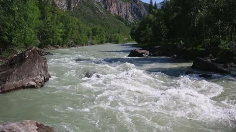 Mountain river in the wild. A stream of water flowing through stone boulders Video stock 248308195