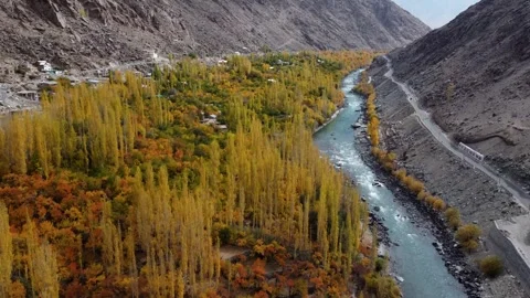 A mountain river winding gently through autumn-drenched valleys. Stock Footage 310782393