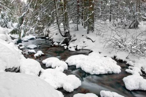 Mountain river in winter forest Stock Photos