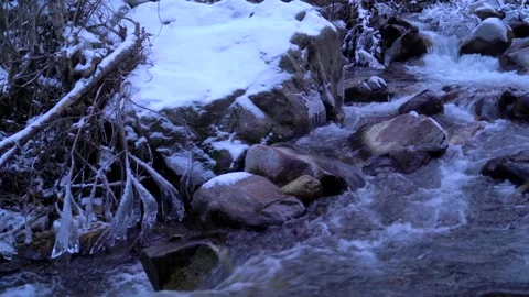 Mountain river with winter white snowy landscape. Winter, cold or Christmas l Stock Footage 145333029