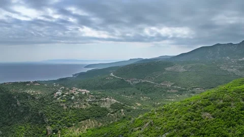 Mountain Road and Sea View Under Storm Clouds in Mani, Greece Stock Footage 335645170