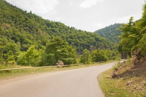 Mountain road between forests . Winding mountain road . A road in Azerbaijan  Stock Photos
