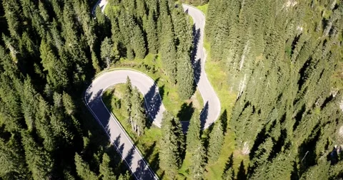 Mountain Road between Trees leading down a Hill. Aerial Landscape above Pass Stock Footage 149394795