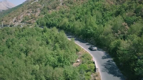 Mountain Road in Deciduous Forest in Sunny Montenegro Aerial Drone Footage Stock Footage 201152362