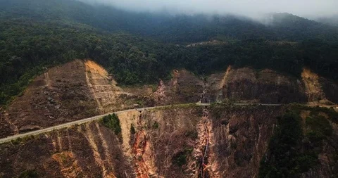 Mountain road with fog Stock Footage 88346408