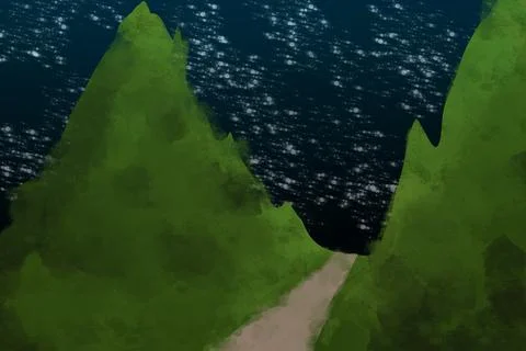 Mountain Road Landscape Under Starry Night Illustration Stock Illustration